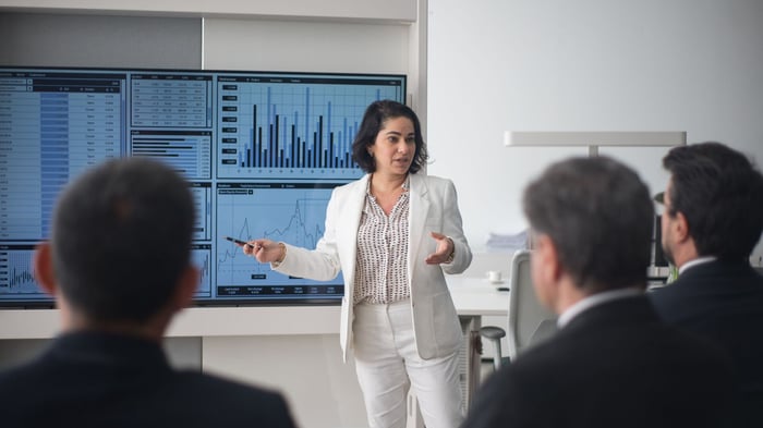 A woman facilitates a meeting